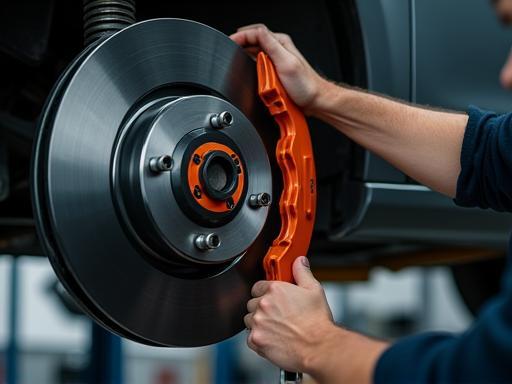 Brake pad and mechanic at car lift
