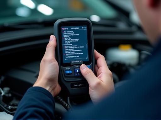 Mechanic with OBD device scanning car engine