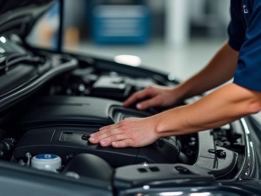 Technician performing car full service with discount badge
