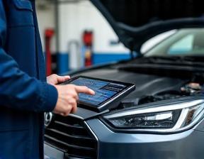 Technician using diagnostics tool on a car