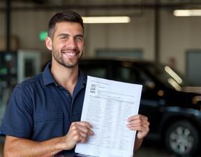 Mechanic with checklist doing vehicle maintenance