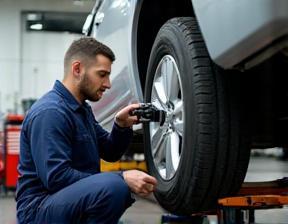 Mechanic adjusting tire alignment in workshop